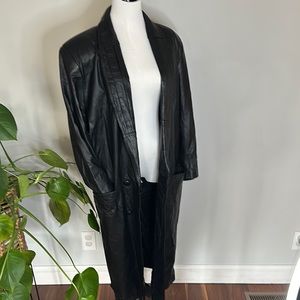Vintage Long Black REAL Leather Jacquard Matrix Jacket Size Medium